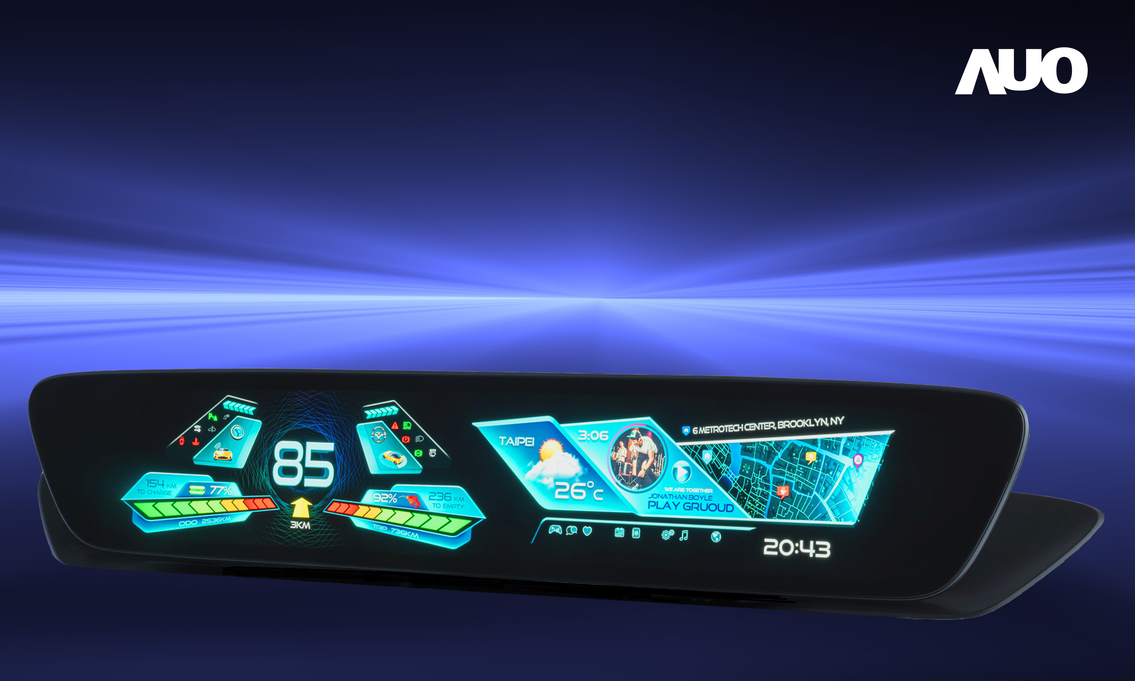 友達30.4吋異形曲面AmLED車載顯示系統，為一兼具儀表板及中控台人機介面的創新車載顯示系統，結合美學設計，提升車內科技沉浸感及使用體驗，讓車載顯示的未來應用更加多元化