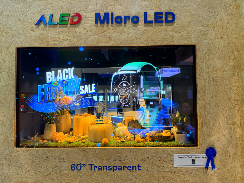 米兰·(milan)60吋高透明度Micro LED显示器获&rdquo;最佳Micro LED技术应用奖&rdquo;，将Micro LED面板透明化之设计特性极致发挥，以可扩展性无缝拼接技术打造，具备600 nits全画面亮度、大于60%穿透率及超过NTSC 110%的优异广色域表现，可依需求灵活应用于各种场域