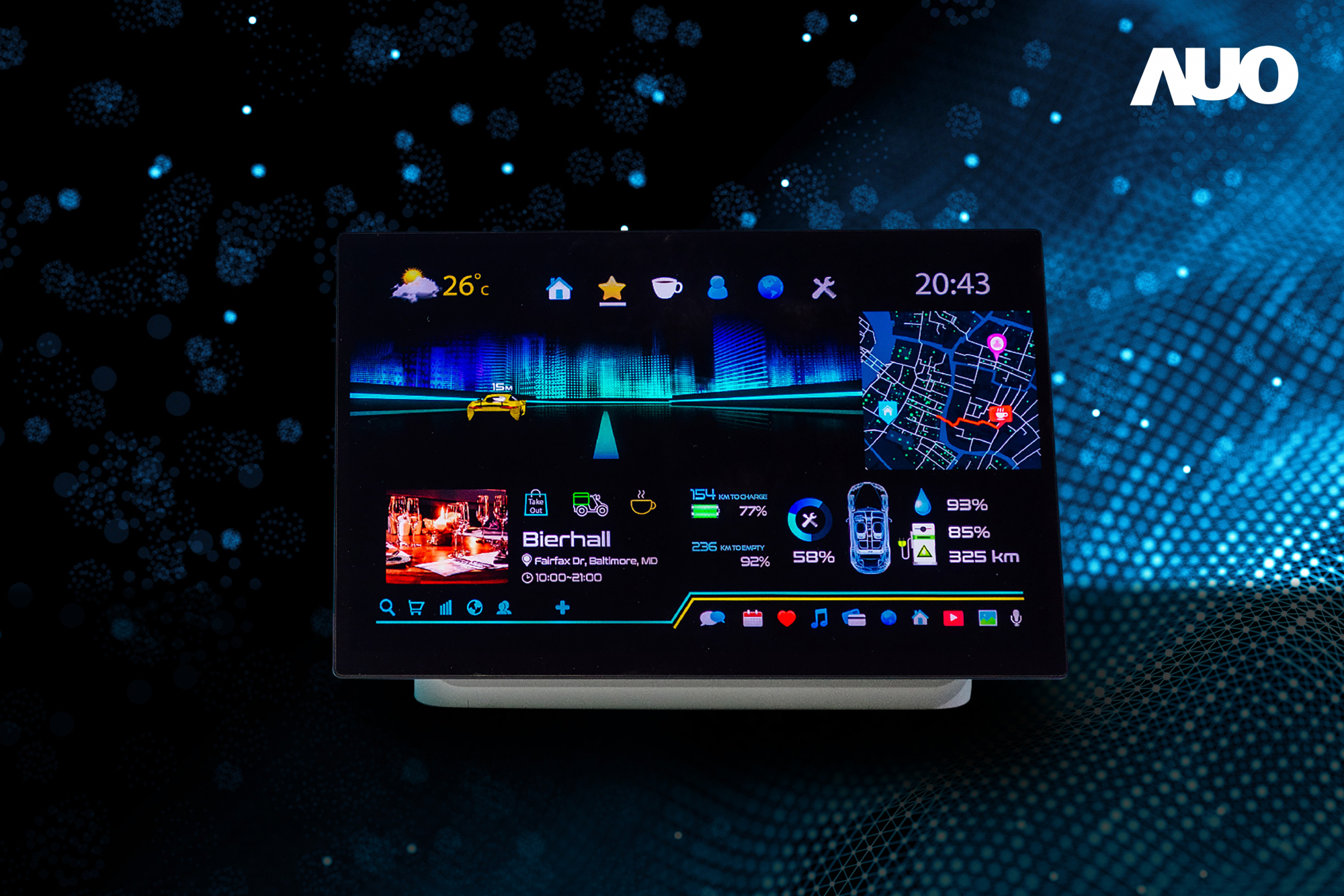 友達16吋超高色域車載中控獲得2025顯示器元件產品技術獎之面板模組類傑出產品獎，首次在車載領域採用藍光COB（LED chip-on-board）搭載量子點（Quantum Dot）膜之Mini LED解決方案實現廣色域