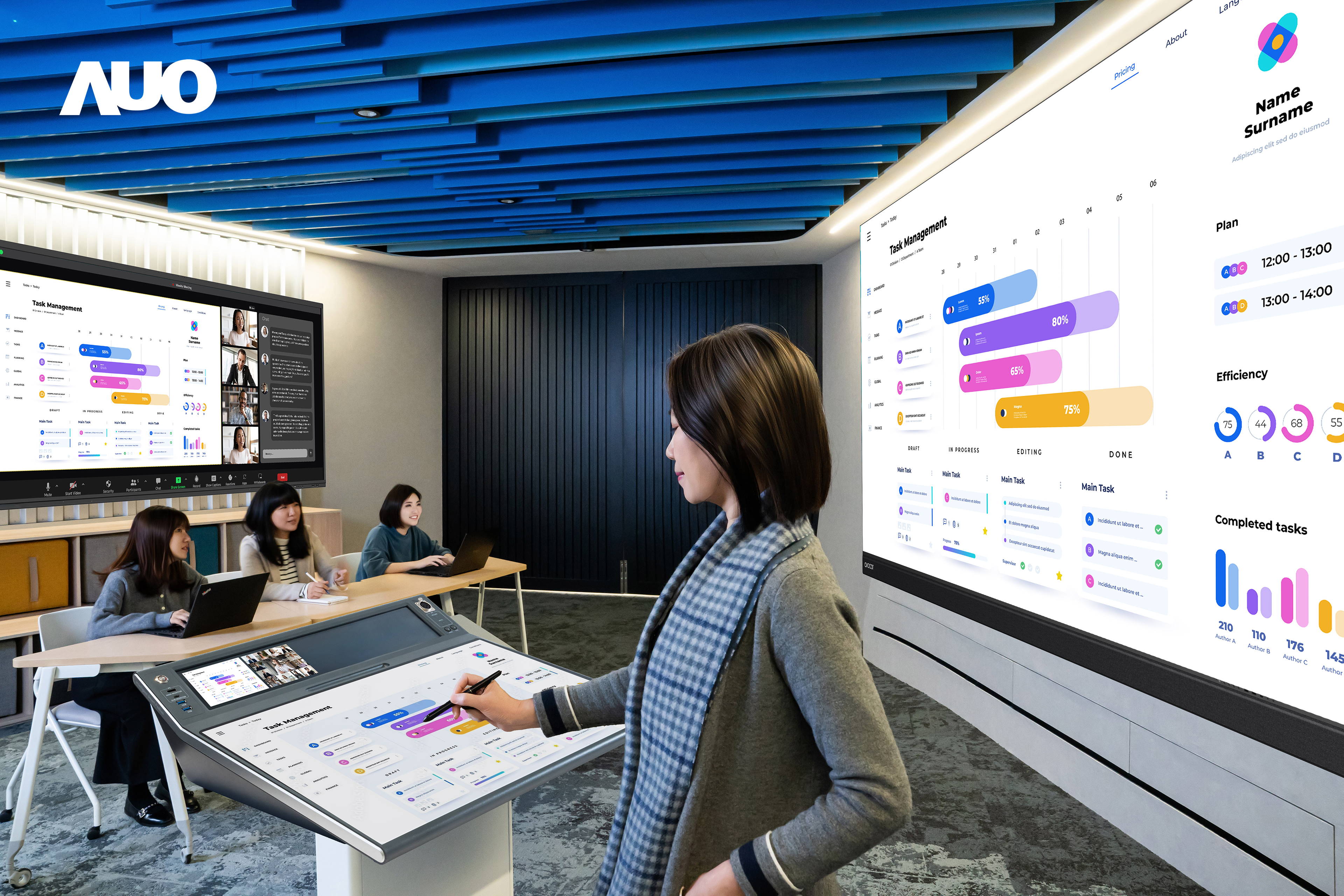 達擎攜手Avocor與Rise Vision展示全方位商務領域應用，包含採用模組化設計的138吋一體式All-in-One LED顯示器及具21:9超寬比例的92吋互動式電子白板（IFPD），講者可輕鬆分享內容，有效提升會議協作效率。